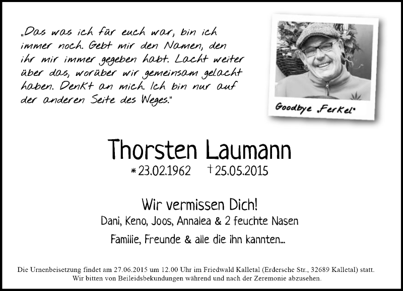  Traueranzeige für Thorsten Laumann vom 30.05.2015 aus Lippische Landes-Zeitung