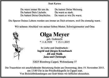 Anzeige  Olga Meyer  Lippische Landes-Zeitung