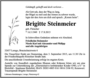 Anzeige  Brigitte Steinmeier  Lippische Landes-Zeitung