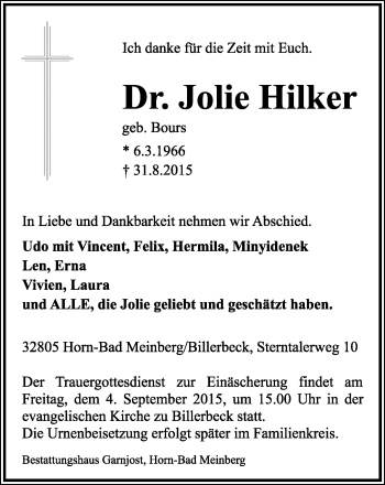 Anzeige  Jolie Hilker  Lippische Landes-Zeitung