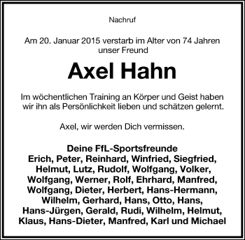 Anzeige  Axel Hahn  Lippische Landes-Zeitung
