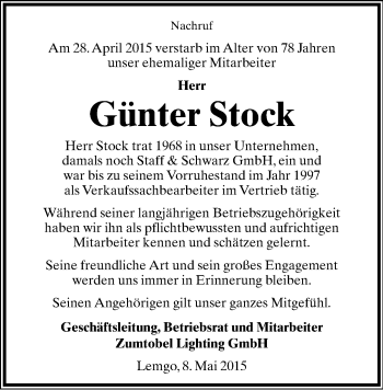 Anzeige  Günter Stock  Lippische Landes-Zeitung