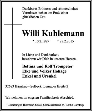 Anzeige  Willi Kuhlemann  Lippische Landes-Zeitung