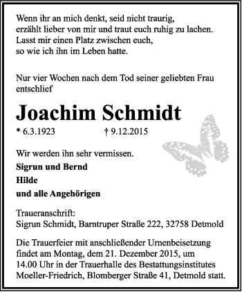 Anzeige  Joachim Schmidt  Lippische Landes-Zeitung