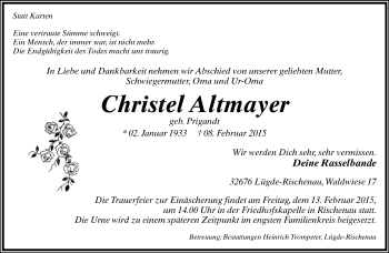 Anzeige  Christel Altmayer  Lippische Landes-Zeitung