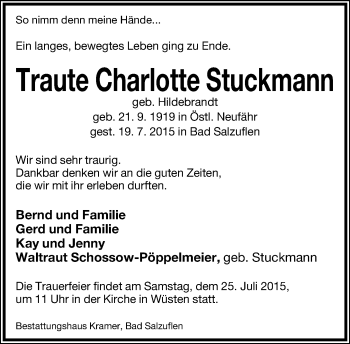 Anzeige  Traute Charlotte Stuckmann  Lippische Landes-Zeitung