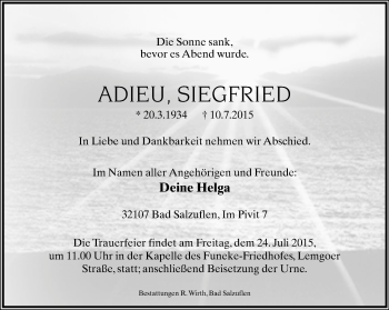 Anzeige  Siegfried   Lippische Landes-Zeitung