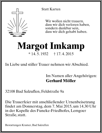 Anzeige  Margot Imkamp  Lippische Landes-Zeitung