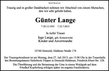Anzeige  Günter Lange  Lippische Landes-Zeitung