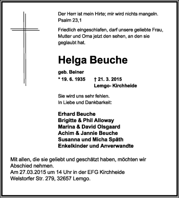 Anzeige  Helga Beuche  Lippische Landes-Zeitung