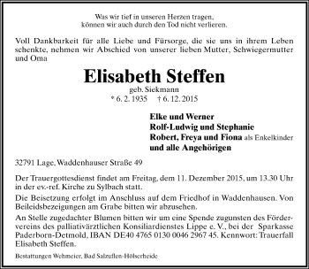 Anzeige  Elisabeth Steffen  Lippische Landes-Zeitung