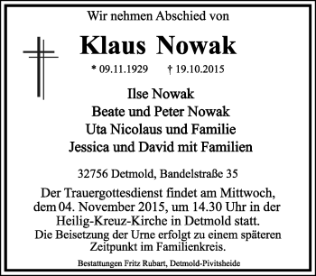 Anzeige  Klaus Nowak  Lippische Landes-Zeitung