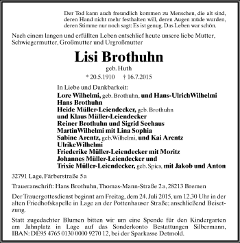 Anzeige  Lisi Brothuhn  Lippische Landes-Zeitung