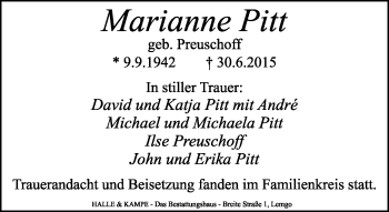 Anzeige  Marianne Pitt  Lippische Landes-Zeitung