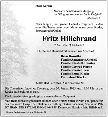 Anzeige  Fritz Hillebrand  Lippische Landes-Zeitung