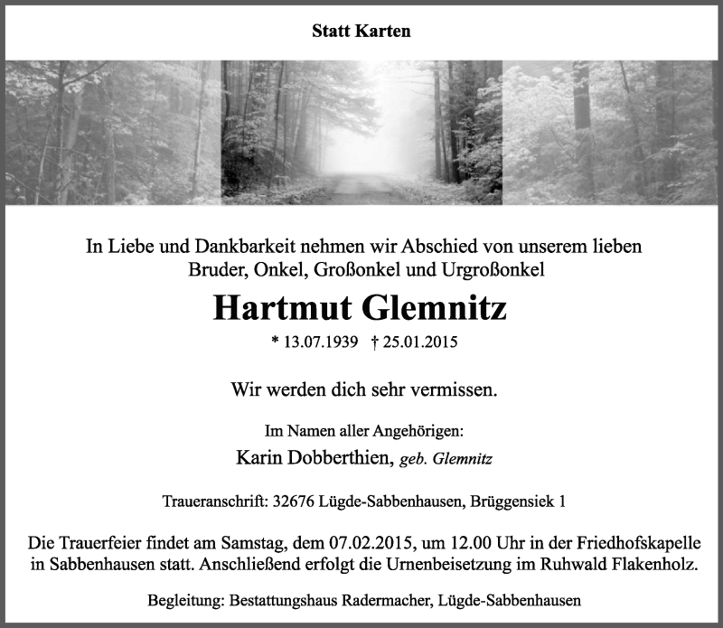 Traueranzeige für Hartmut Glemnitz vom 31.01.2015 aus Lippische Landes-Zeitung