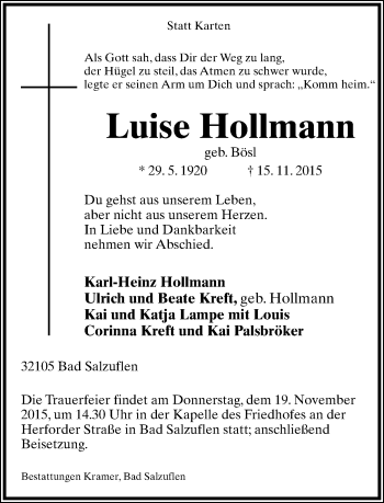 Anzeige  Luise Hollmann  Lippische Landes-Zeitung