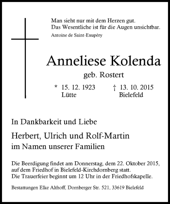 Anzeige  Anneliese Kolenda  Lippische Landes-Zeitung