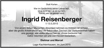 Anzeige  Ingrid Reisenberger  Lippische Landes-Zeitung