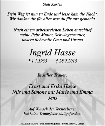 Anzeige  Ingrid Hasse  Lippische Landes-Zeitung