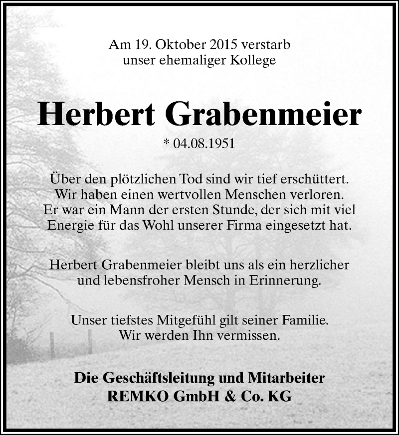  Traueranzeige für Herbert Grabenmeier vom 24.10.2015 aus Lippische Landes-Zeitung