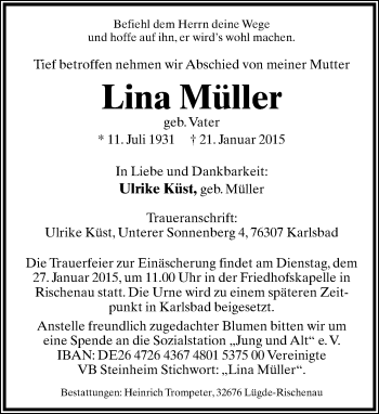 Anzeige  Lina Müller  Lippische Landes-Zeitung