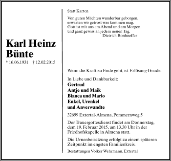 Anzeige  Karl Heinz Bünte  Lippische Landes-Zeitung