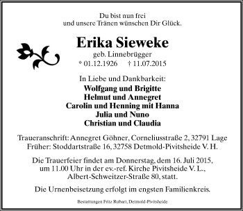 Anzeige  Erika Sieweke  Lippische Landes-Zeitung