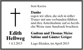 Anzeige  Edith Hellweg  Lippische Landes-Zeitung