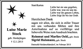 Anzeige  Luise Marie Stock  Lippische Landes-Zeitung