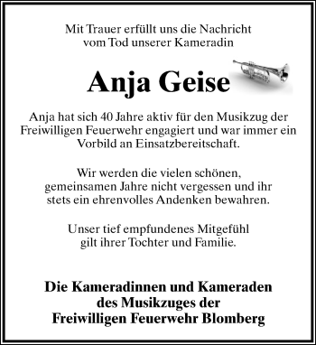 Anzeige  Anja Geise  Lippische Landes-Zeitung