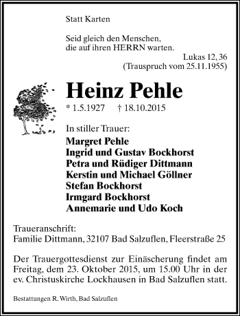 Anzeige  Heinz Pehle  Lippische Landes-Zeitung