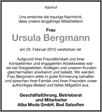 Anzeige  Ursula Bergmann  Lippische Landes-Zeitung
