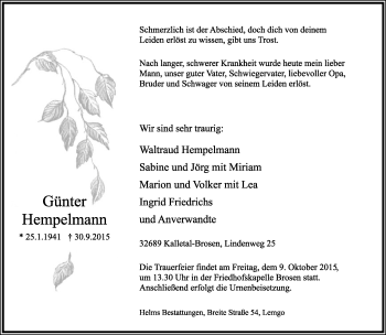 Anzeige  Günter Hempelmann  Lippische Landes-Zeitung