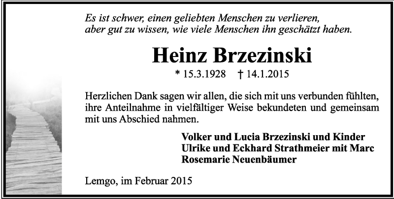  Traueranzeige für Heinz Brezezinski vom 14.02.2015 aus Lippische Landes-Zeitung
