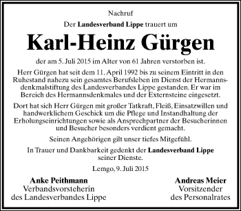 Anzeige  Karl-Heinz Gürgen  Lippische Landes-Zeitung