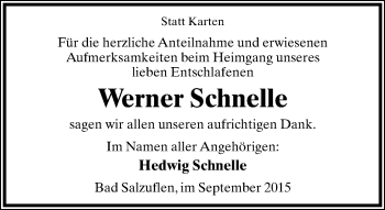 Anzeige  Werner Schnelle  Lippische Landes-Zeitung