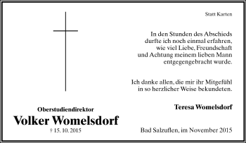 Anzeige  Volker Womelsdorf  Lippische Landes-Zeitung