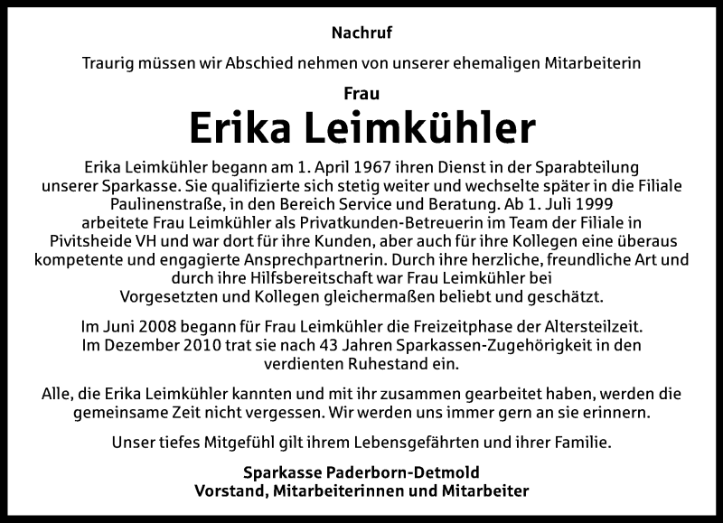  Traueranzeige für Erika Leimkühler vom 24.09.2015 aus Lippische Landes-Zeitung