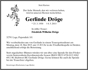 Anzeige  Gerlinde Dröge  Lippische Landes-Zeitung