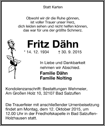 Anzeige  Fritz Dähn  Lippische Landes-Zeitung