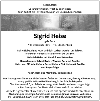 Anzeige  Sigrid Heise  Lippische Landes-Zeitung