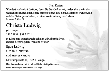 Anzeige  Christa Ludwig  Lippische Landes-Zeitung