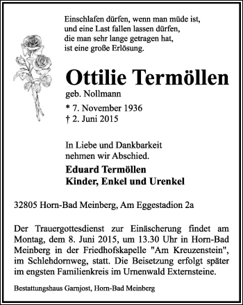 Anzeige  Ottilie Termöllen  Lippische Landes-Zeitung