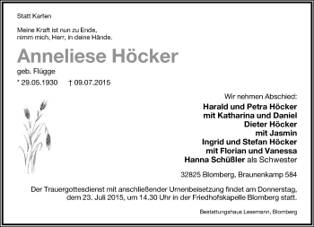 Anzeige  Anneliese Höcker  Lippische Landes-Zeitung
