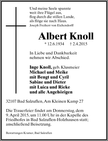 Anzeige  Albert Knoll  Lippische Landes-Zeitung