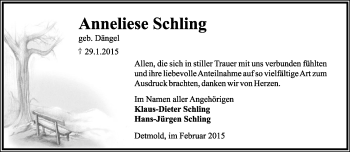 Anzeige  Anneliese Schling  Lippische Landes-Zeitung