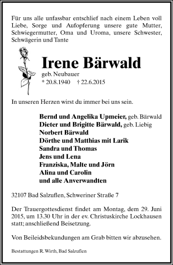 Anzeige  Irene Bärwald  Lippische Landes-Zeitung