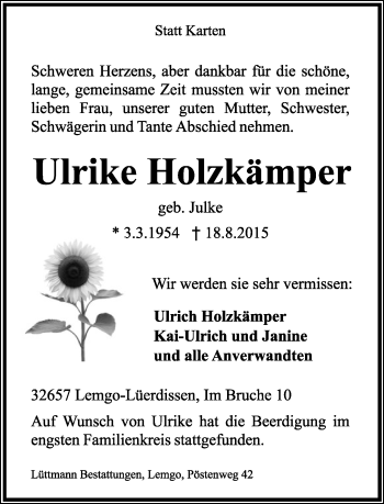 Anzeige  Ulrike Holzkämper  Lippische Landes-Zeitung