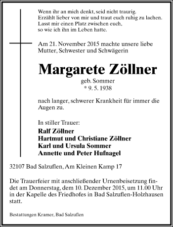 Anzeige  Margarete Zöllner  Lippische Landes-Zeitung